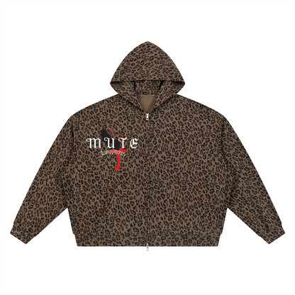 Unisex Leopard Print Waffle Full Zip Hoodie