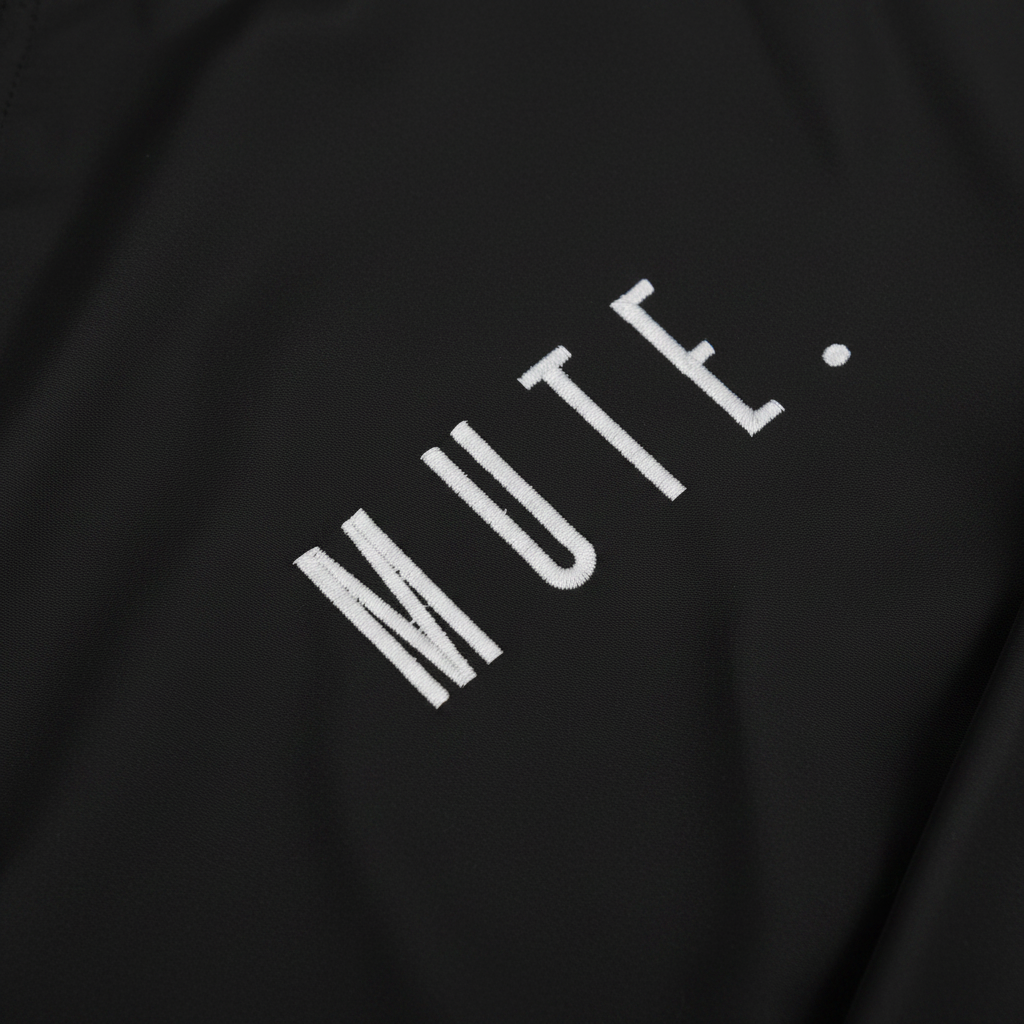 M U T E . Diagonal Lapel Technical Jacket - lapel branding detail